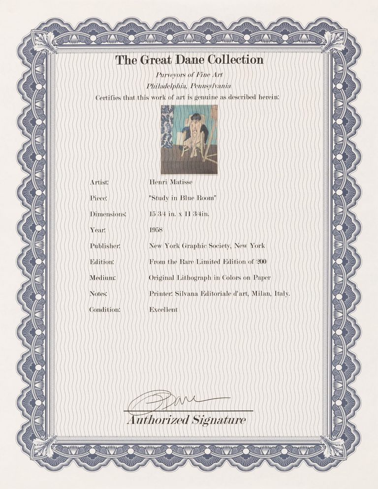 Henri Matisse Signed Limited Edition Lithograph Titled 'Study in blue room' 1958