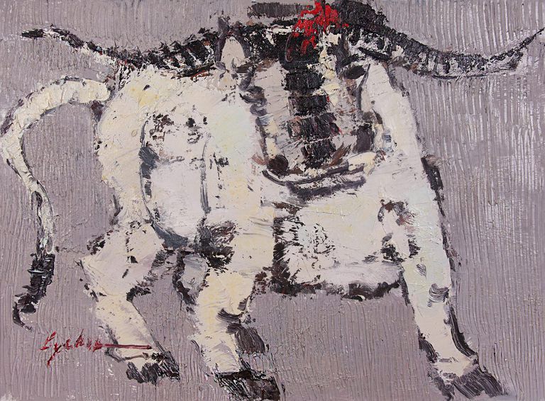 Signed Oil on Canvas Impasto Painting 'Bull' by Chinese Artist Yichu Li