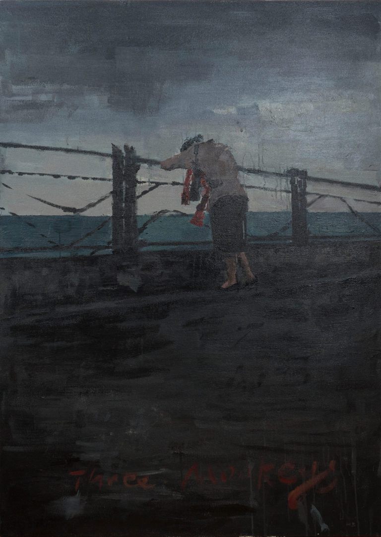 Oil on Canvas Painting "Three Monkeys" by Chinese Artist Haizhou Wu