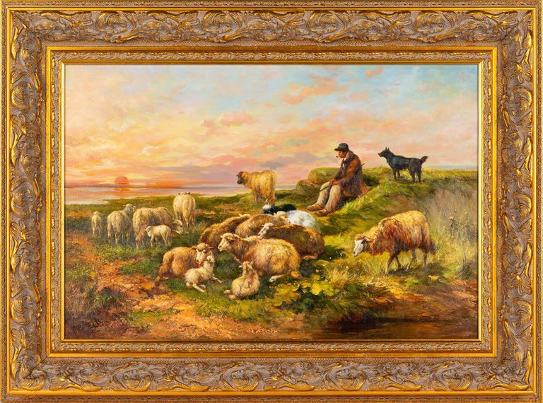 Henry Schouten, 'Le repos du berger et de son troupeau au coucher de soleil'