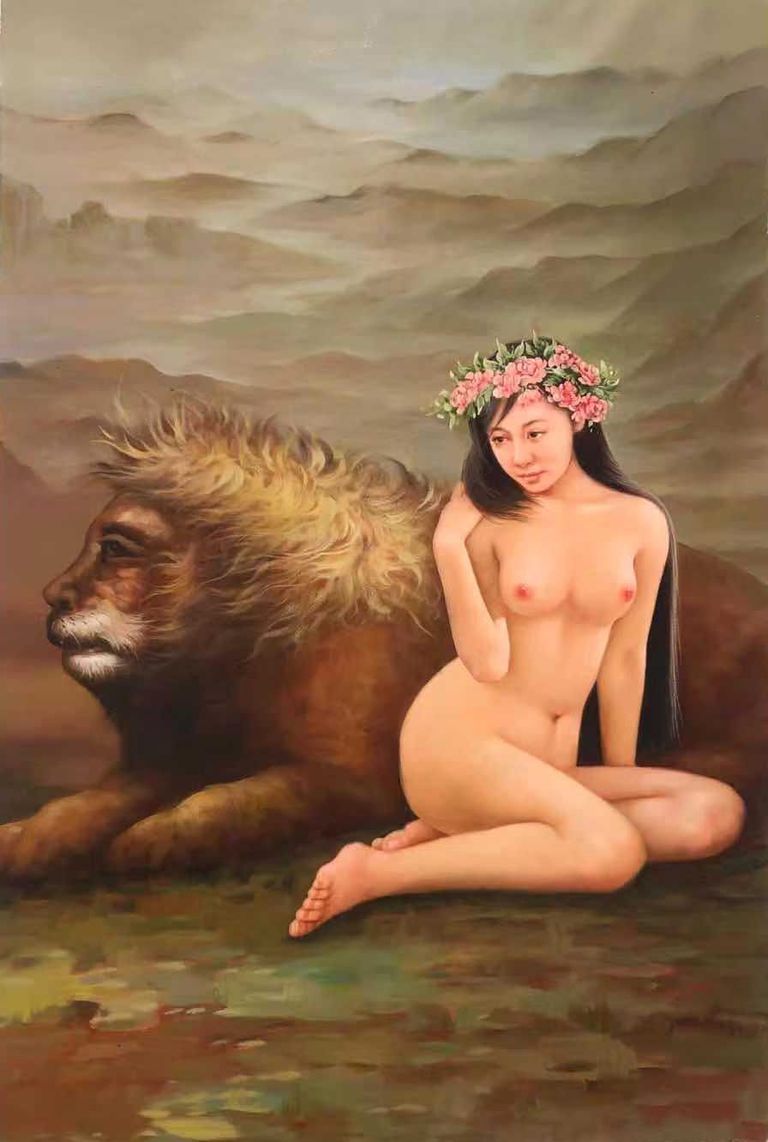 Original Oil on Canvas Painting Female Nude and Lion - Zeng Xinwei - Characters