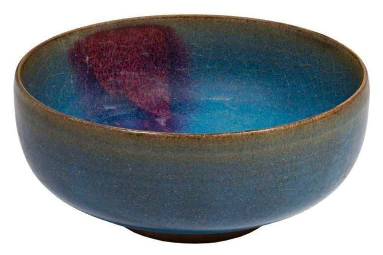 Harmony in Hues: Chinese Jun Ware Bowl - Russet 'Hare Fur' Pattern on Blue Glaze