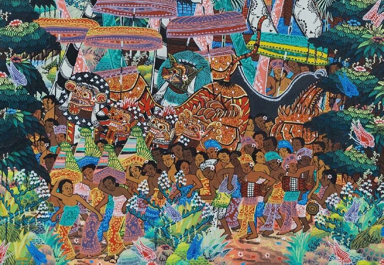 Traditional Balinese Folk Painting Village scene