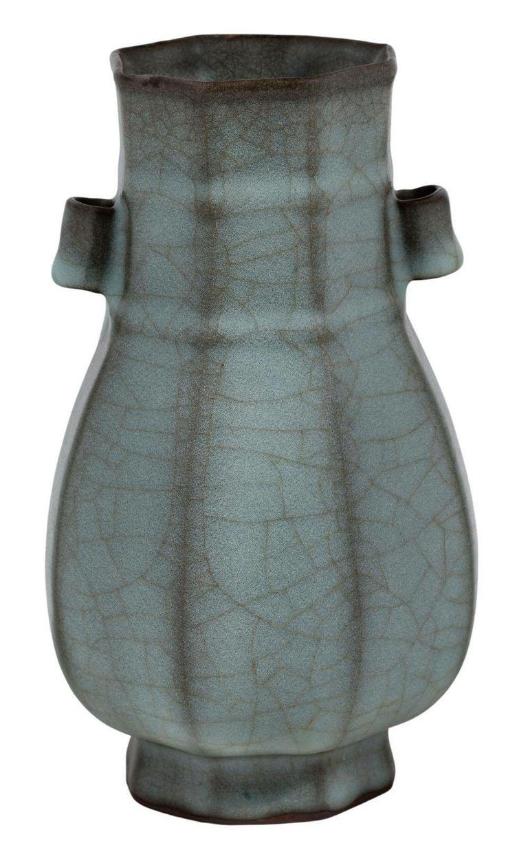 Chinese Guan Ware Hu Form Vases - Octagonal Elegance with Crackling Green Glaze