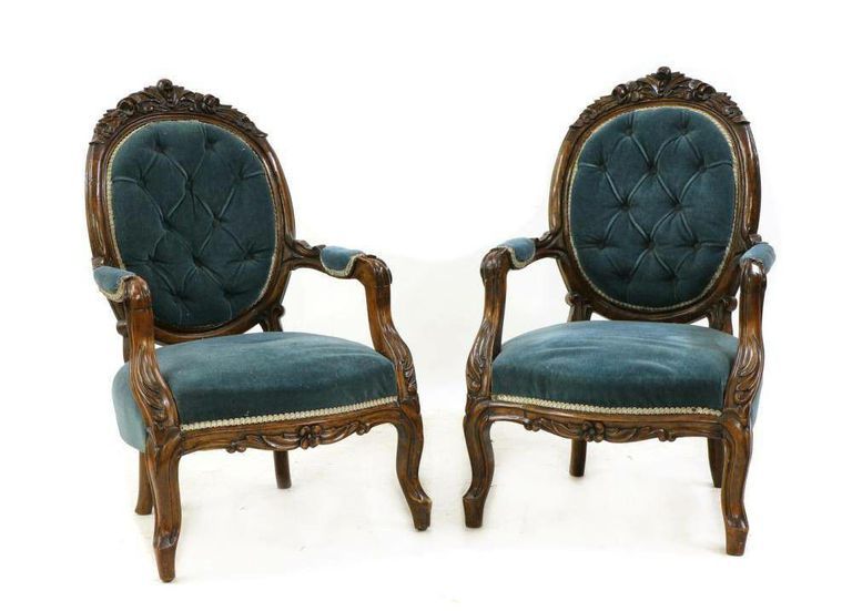 Pair of Victorian Open Armchairs with Blue Velour Upholstery