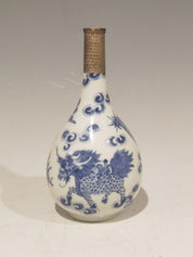 18th/19th Century Vietnamese Blue Underglaze Porcelain Bottle Vase with Scholars and Peach Tree Motif