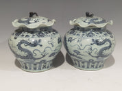 Pair of Large Chinese Ming Style Blue and White Dragon Jars with Scalloped Lids