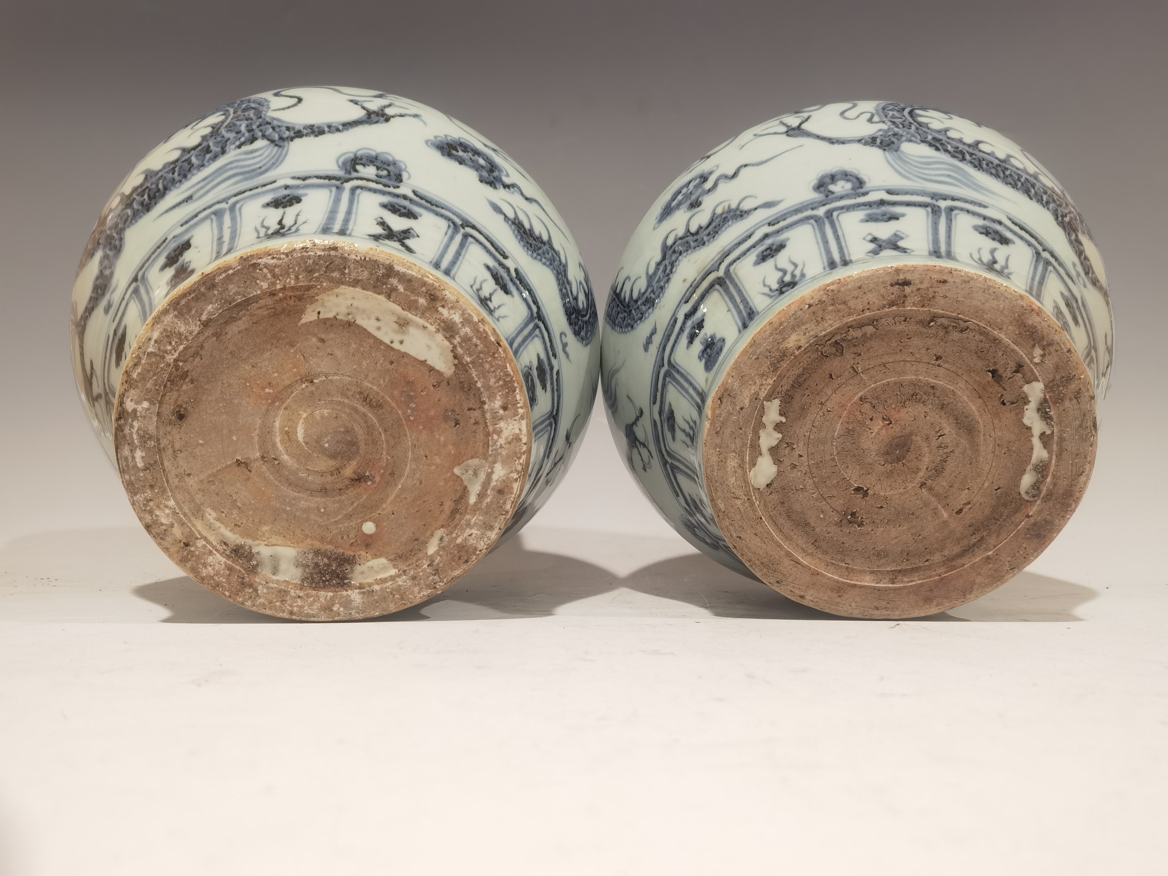 Pair of Large Chinese Ming Style Blue and White Dragon Jars with Scalloped Lids