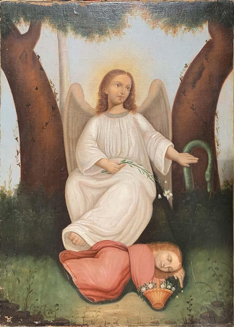 19th Century Oil Painting  'Guardian Angel'