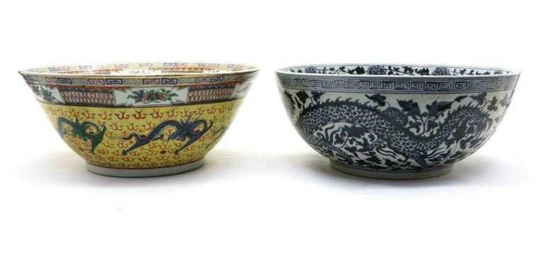 Pair of Exquisite Chinese Punch Bowls - Blue and White, Dragons and Lotus Motif