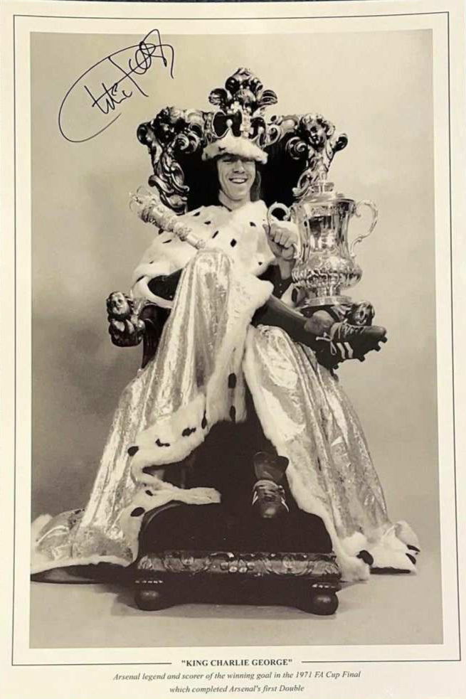 Charlie George Signed 18x12 Black &amp; White Photo – Arsenal FA Cup Legend