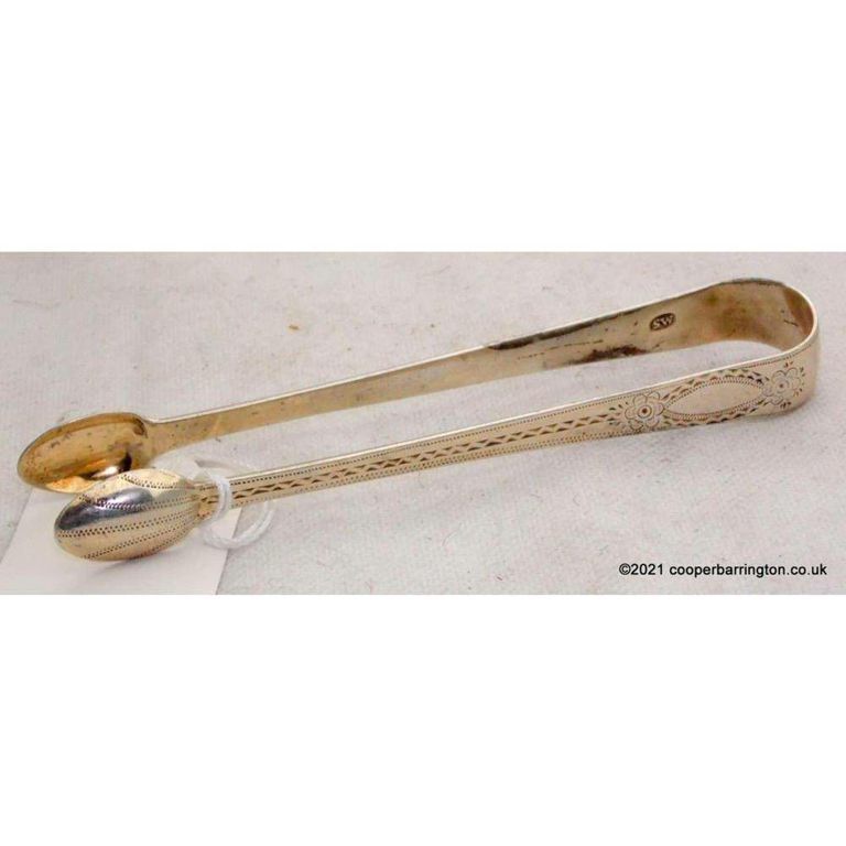 George III Bright Cut Silver Sugar Tongs by Samuel Wintle, London 1783