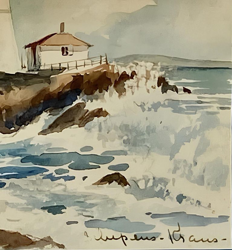 Signed ''Coastal Landscape'' Watercolor On Paper by Helen Schepens-Kraus