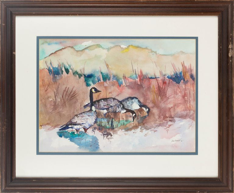 Modern Watercolour Landscape Painting - Geese Feeding In a Pond