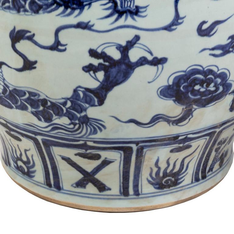 Pair of Large Chinese Ming Style Blue and White Dragon Jars with Scalloped Lids