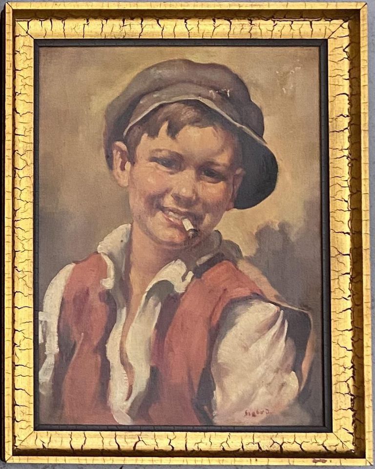 Brabot J. Original antique painting  'Boy with a cigarette'