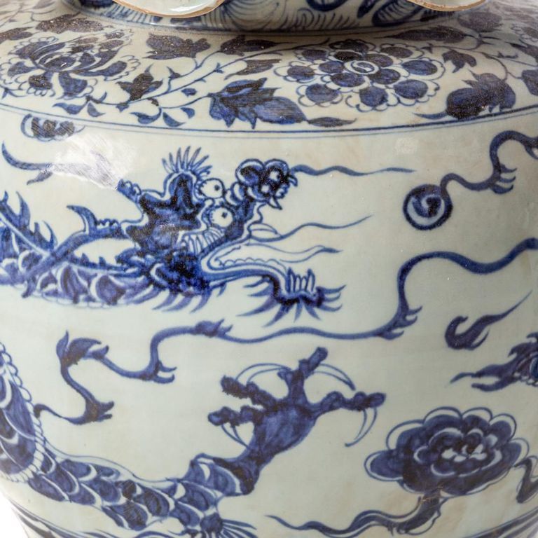 Pair of Large Chinese Ming Style Blue and White Dragon Jars with Scalloped Lids