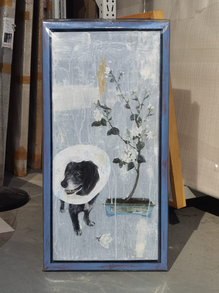 Large Framed Painting By Yi-Shiang Yang The Dog and The Flower-Pot