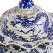 Pair of Large Chinese Ming Style Blue and White Dragon Jars with Scalloped Lids