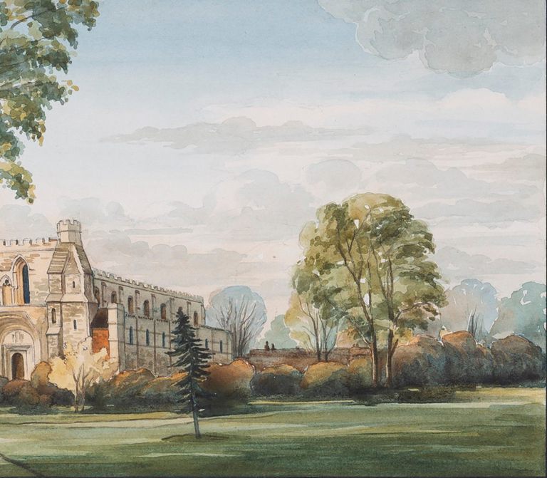 Eric G. Eustace, landscape view of the Priory Church of St Peter