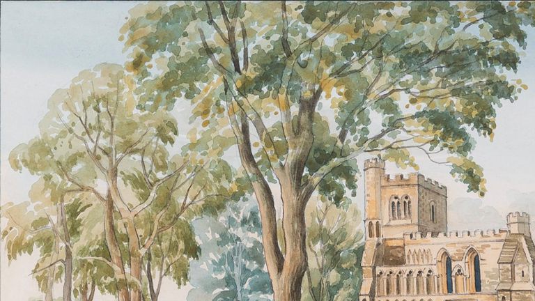 Eric G. Eustace, landscape view of the Priory Church of St Peter