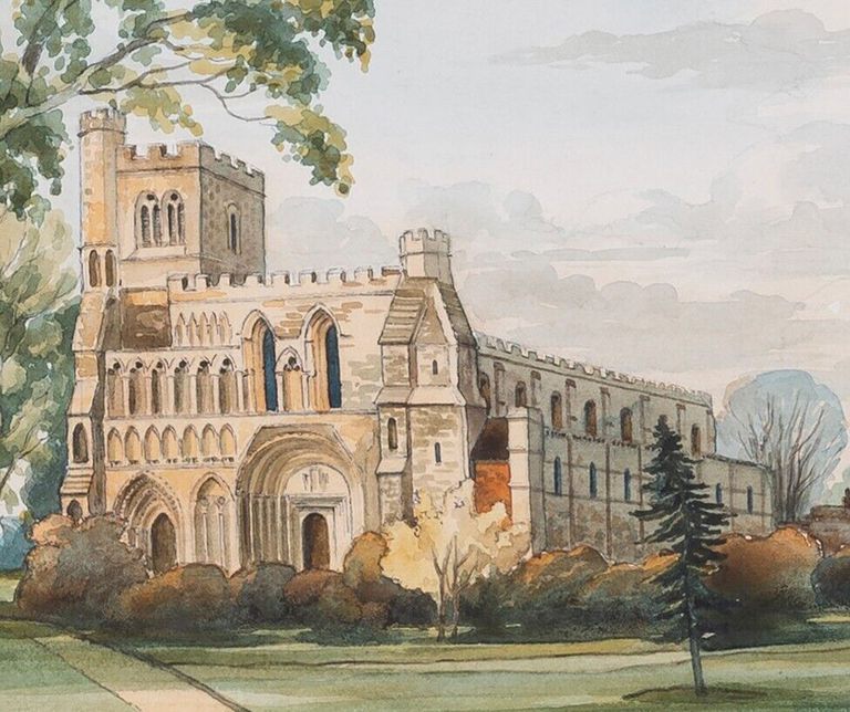 Eric G. Eustace, landscape view of the Priory Church of St Peter