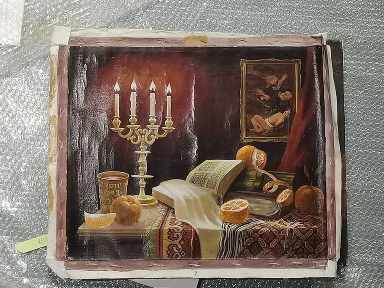 Vintage Judaica Oil Painting - Still Life by Efraim Moskowitz