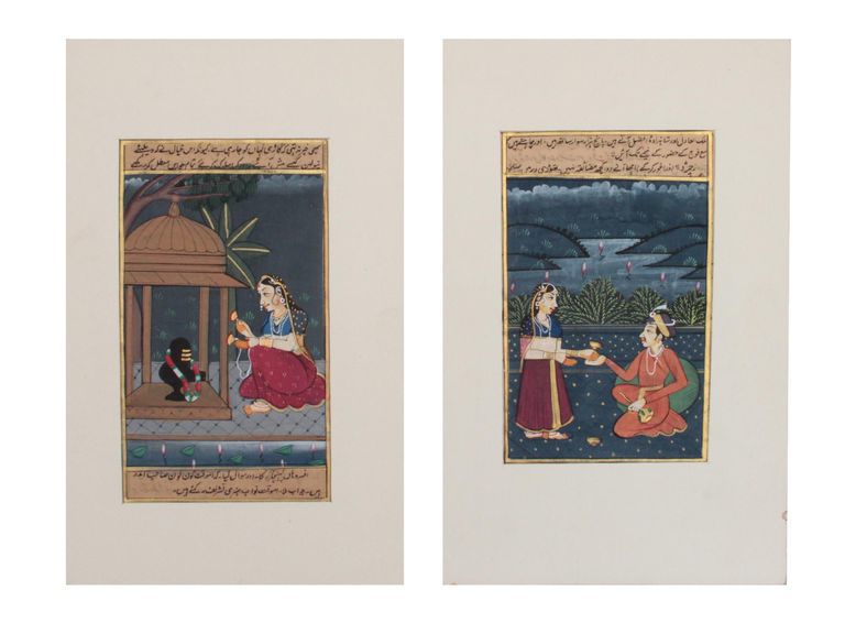 Set of 2 Antique 19th Century Moghul Miniature Works on Paper