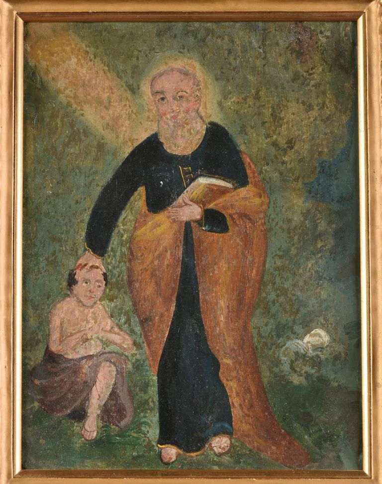 19th Century Religious Oil Painting "Saint Peter blessing a child"