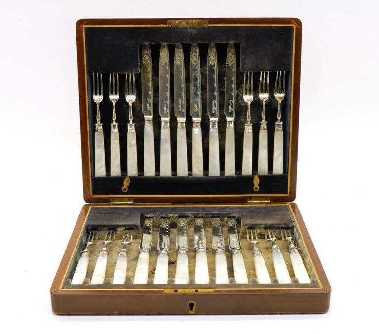 Elegant Cased Set: Twelve Silver & Mother of Pearl Fruit Knives and Forks