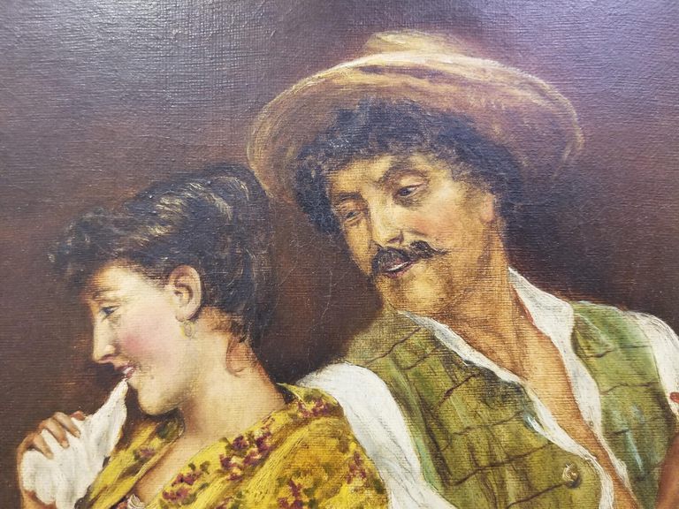 ANTIQUE 19TH CENTURY OIL ON CANVAS ITALIAN MAN AND WOMAN BY ED MACKENSEN