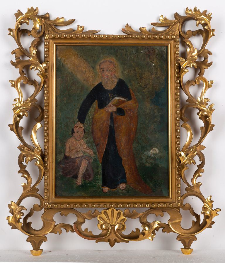 19th Century Religious Oil Painting "Saint Peter blessing a child"