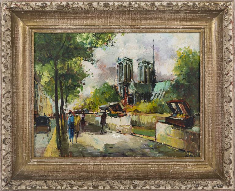 Andre Masset, 'French street Scene' - Vivid Oil on Canvas Cityscape