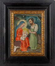 P. Thadd Signed Religious Painting Nativity Scene of Baby Jesus 1940