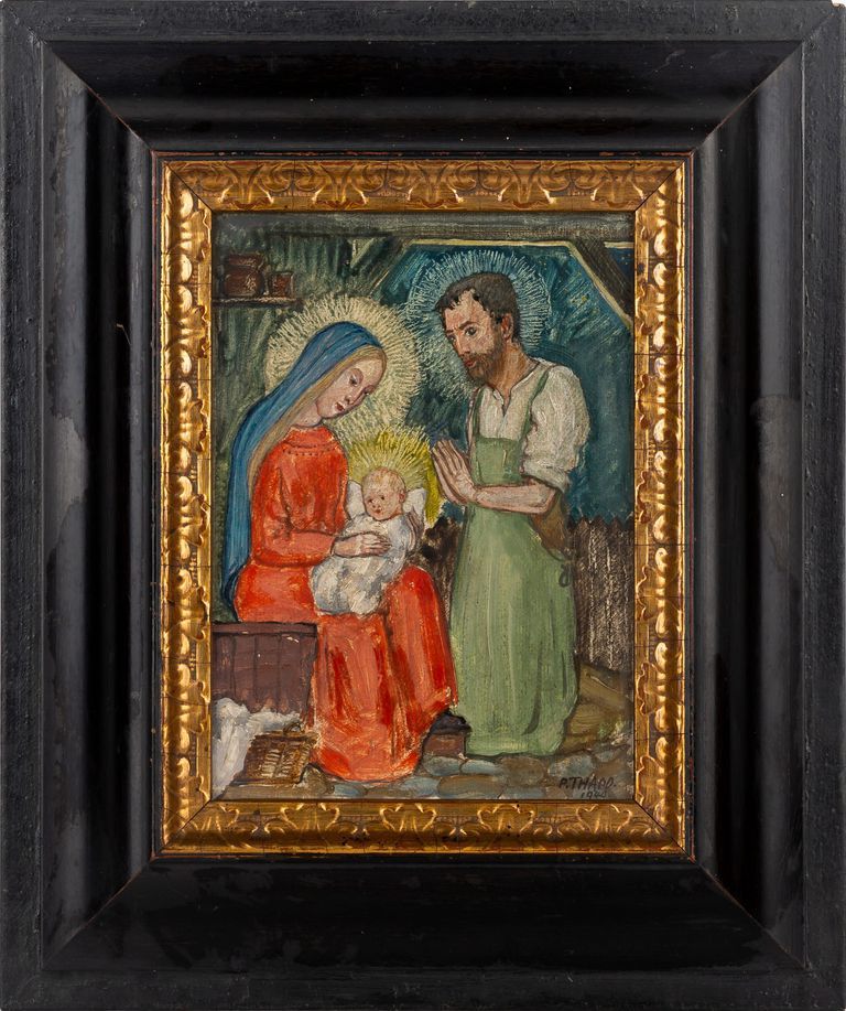 P. Thadd Signed Religious Painting Nativity Scene of Baby Jesus 1940