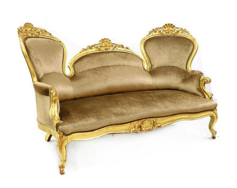 Mid-Victorian Gilt-Framed Chair Back Sofa in Gold Velour