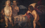 17th Century Old Master Painting Follower of Peter Paul Rubens, Three angels accompany a sheep