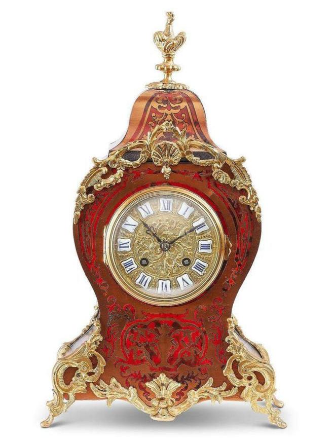 Louis XIV Style Scarlet-Tortoiseshell & Brass Inlaid Mantel Clock - 19th Century