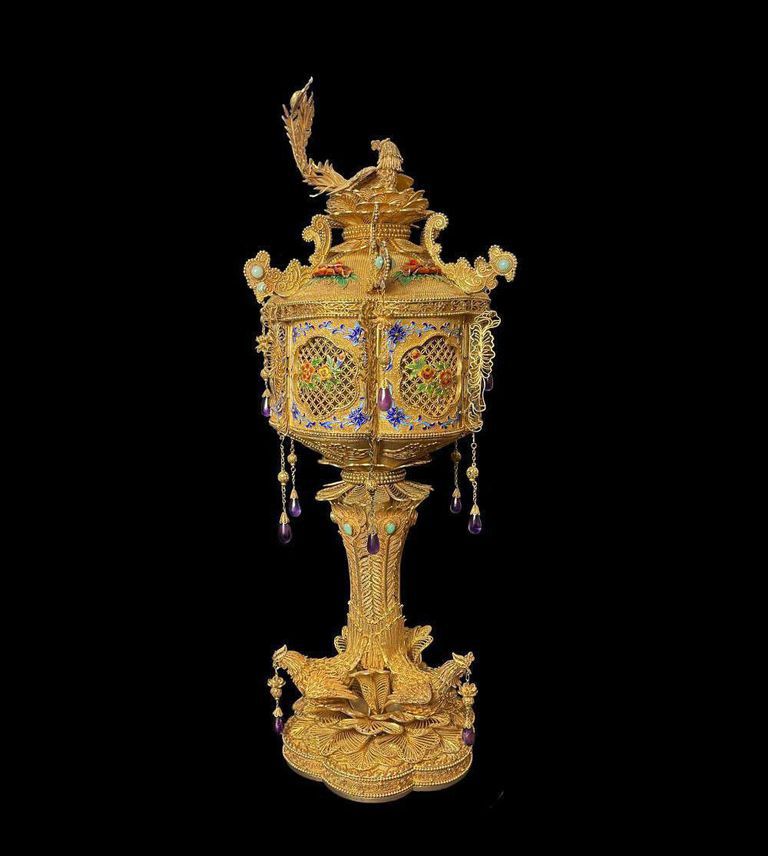 A Chinese Enameled & Jeweled Gilt Silver Filigree Urn