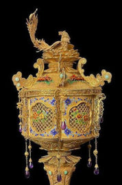 A Chinese Enameled & Jeweled Gilt Silver Filigree Urn
