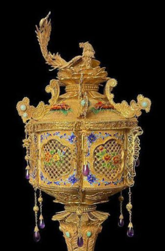A Chinese Enameled & Jeweled Gilt Silver Filigree Urn