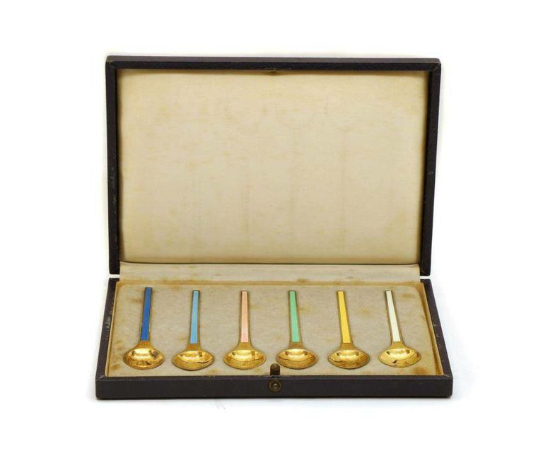 Elegant Set of Six Silver Gilt and Enamel Coffee Spoons - Danish Sterling 925