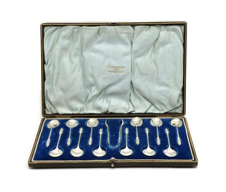 Antique Walker & Hall Silver Apostle Spoons and Sugar Tong Set - Sheffield, 1904