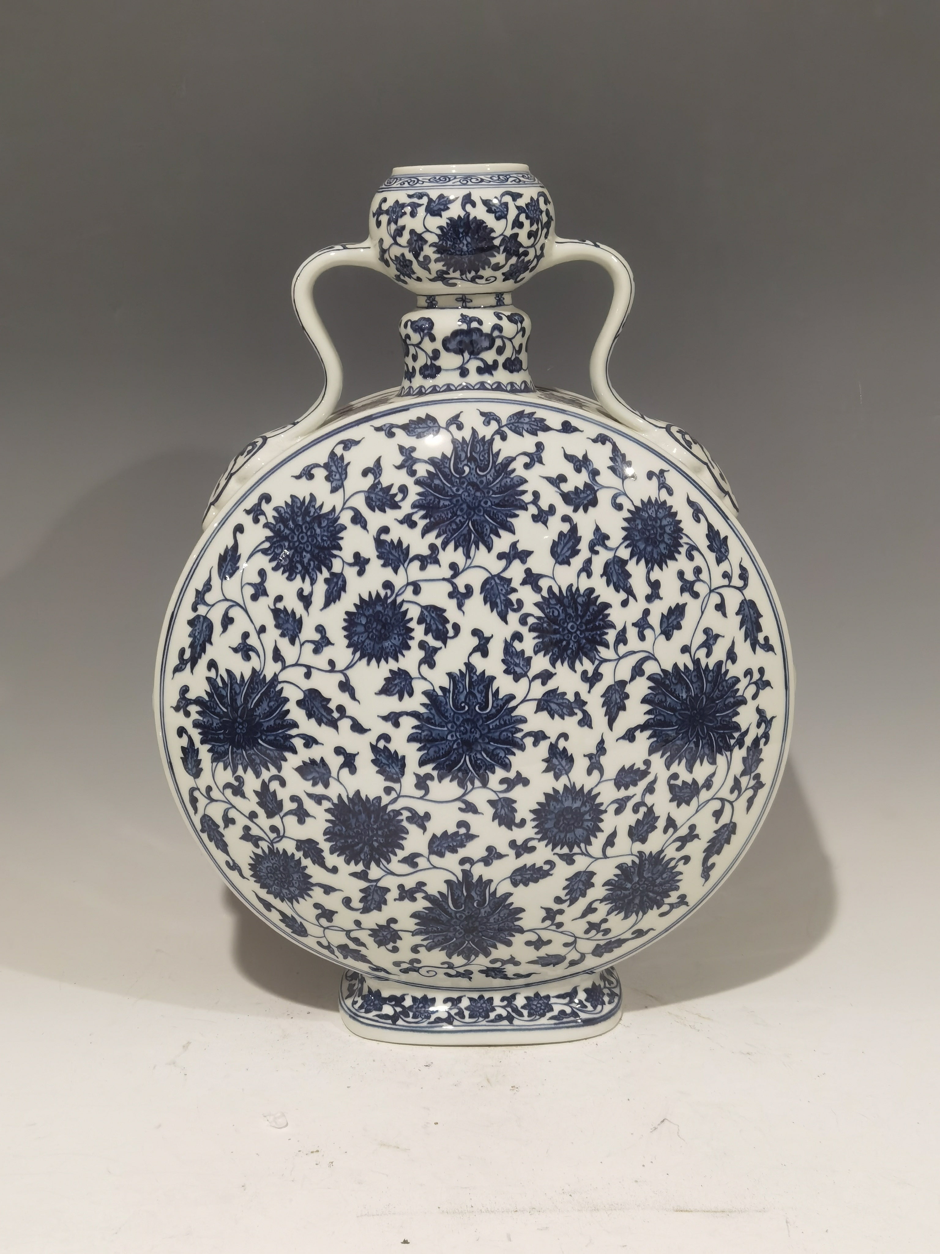 Antique Qianlong Period Large Blue and White Garlic-Head Moon Flask Vase