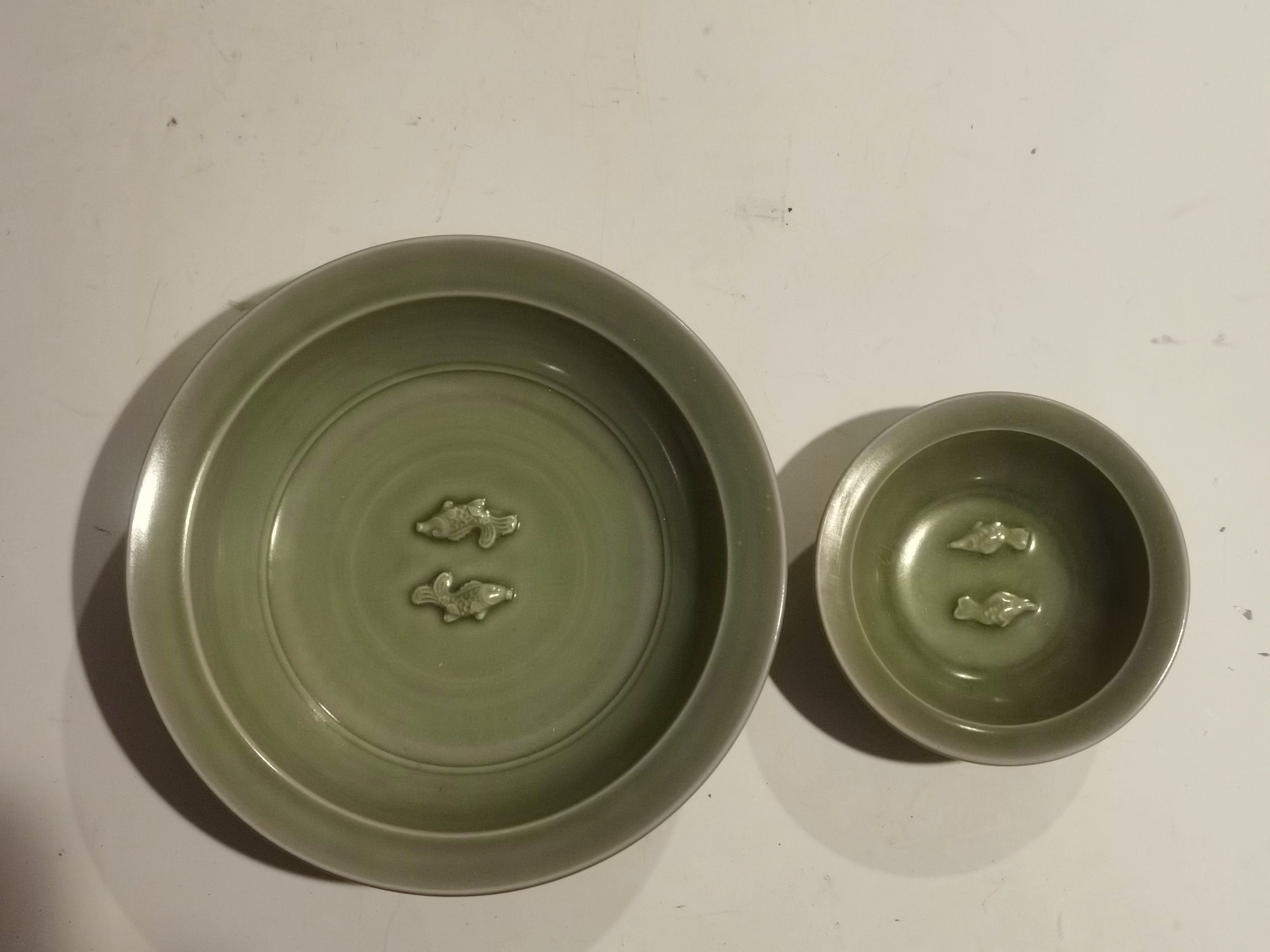 Southern Song Dynasty Longquan Kiln Green Glaze Double Fish Wash (Pair)