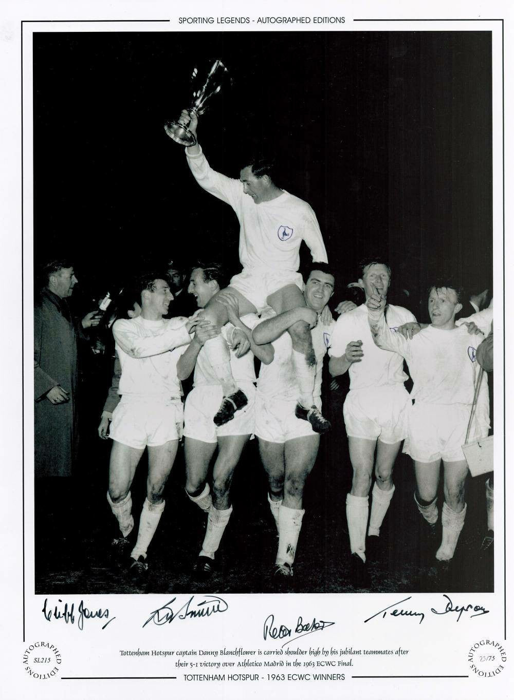 Cliff Jones, Terry Dyson, Bobby Smith, Peter Baker Tottenham 12x16 Signed B&W Photo