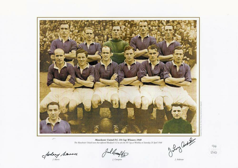 Johnny Morris, Jack Crompton, Johnny Anderson - Man United 12x16 Coloured Signed