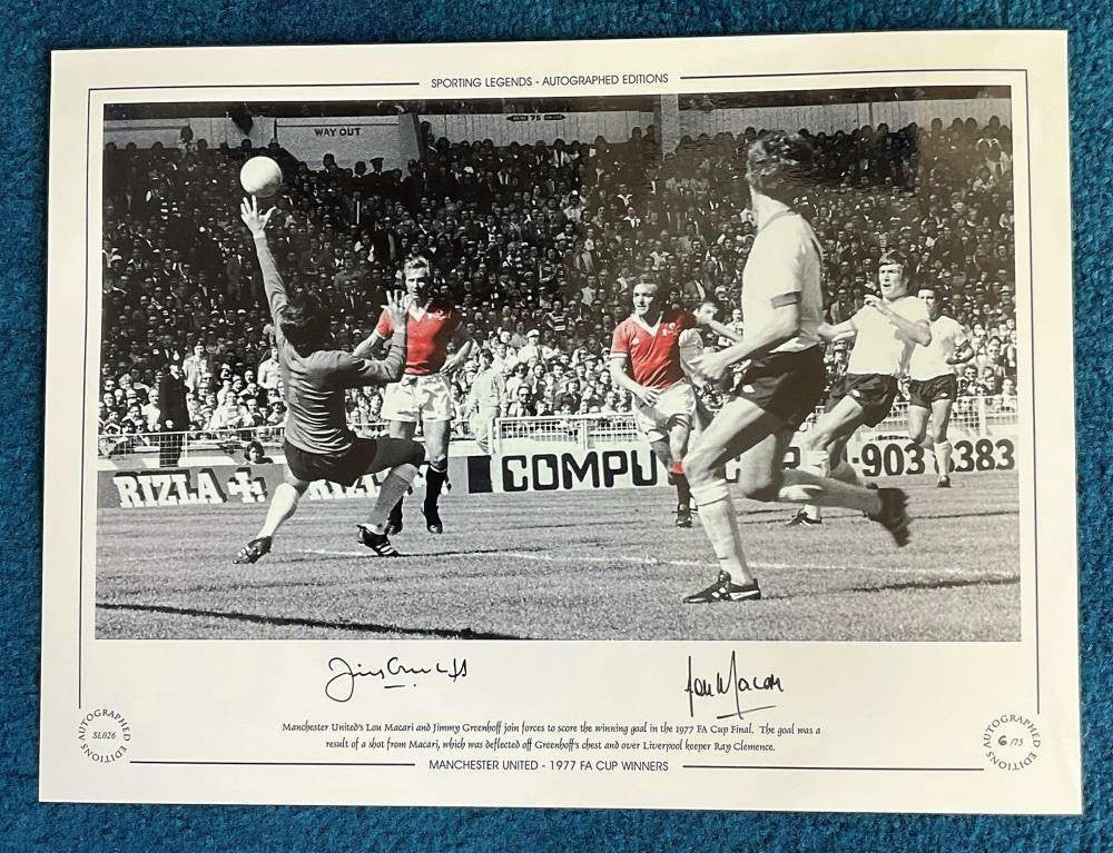 Jimmy Greenhoff & Lou Macari Signed 16x12 Photo - 1977 FA Cup Winning Goal