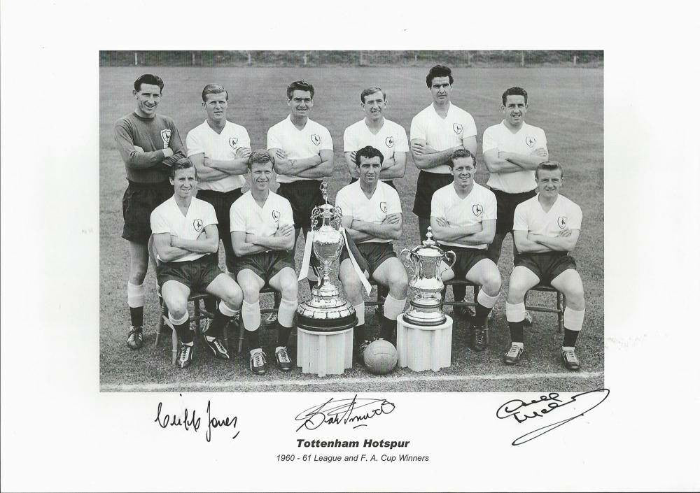 Rare Triple-Signed 16x12 Tottenham Hotspur 1960-61 League & F. Cup Winners Print