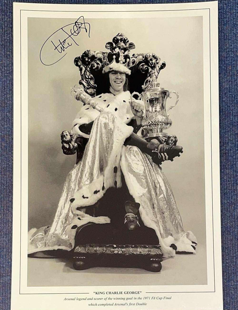 Charlie George Signed 18x12 Black and White Photo - Arsenal's Double Triumph